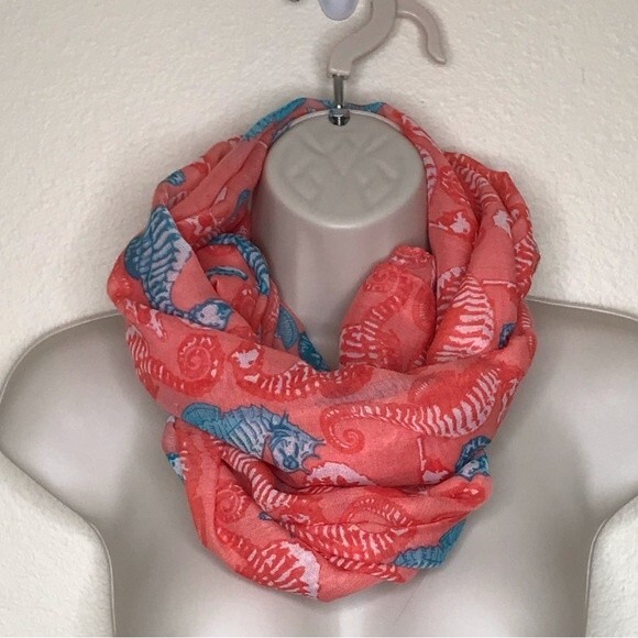 Seahorse Graphic Coral Aqua Teal Long Rectangle Scarf 22 X 71 Lightweight - Picture 3 of 7